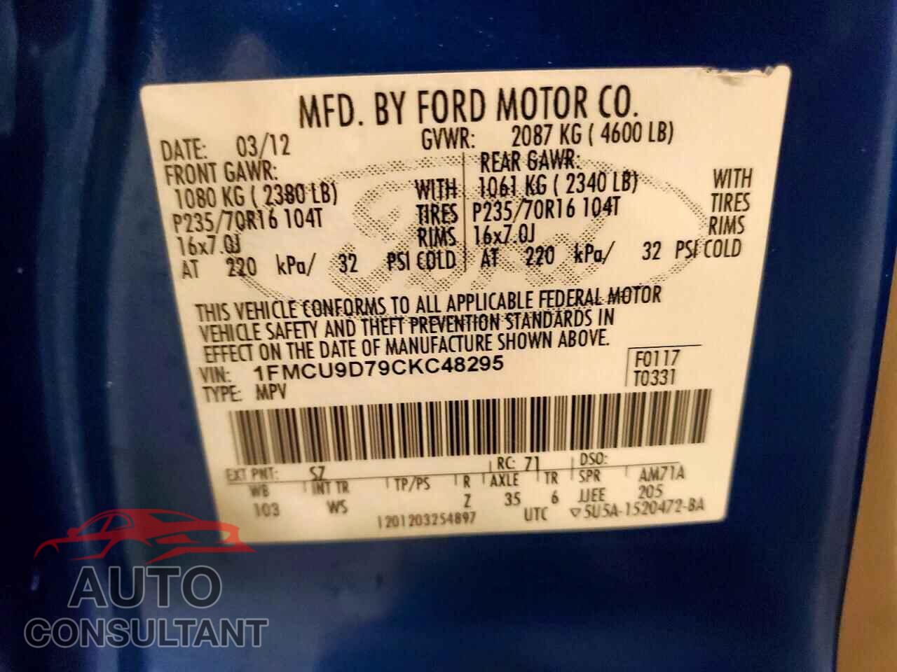FORD ESCAPE 2012 - 1FMCU9D79CKC48295