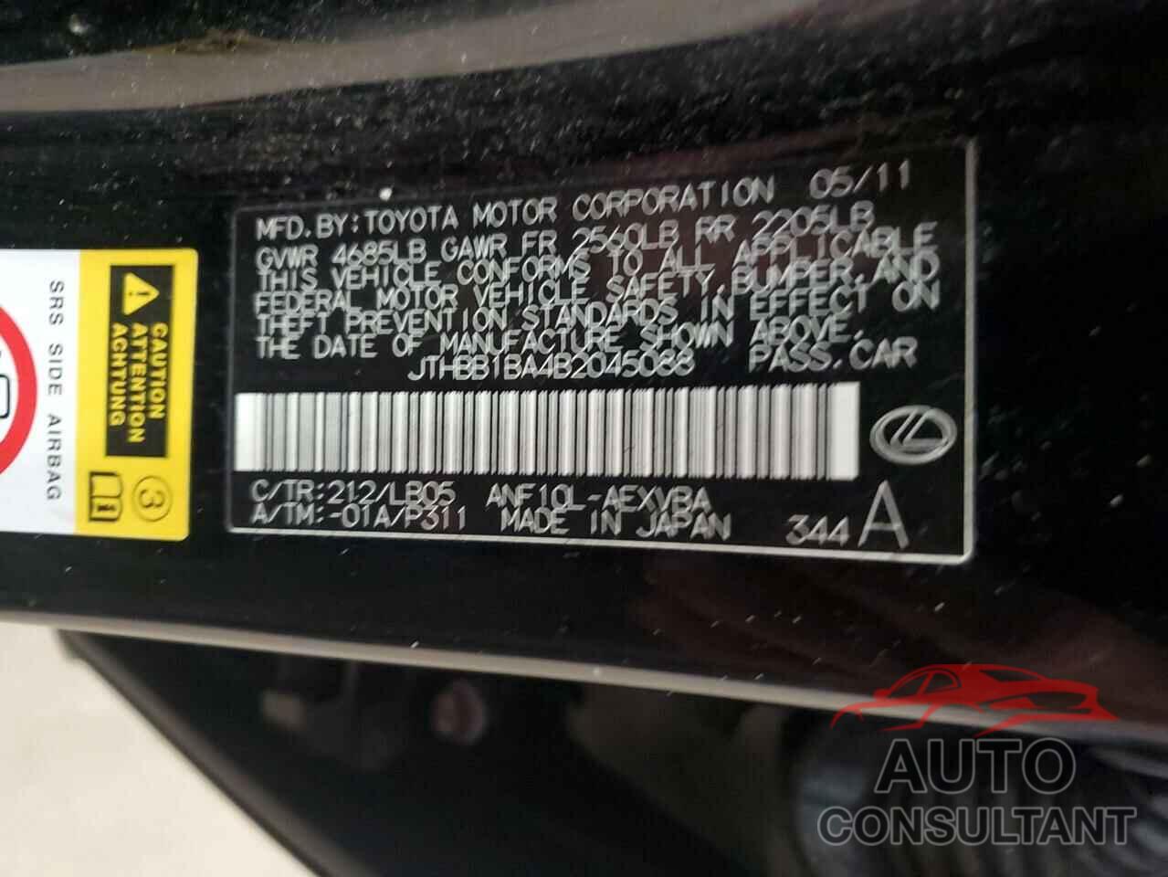 LEXUS HS 2011 - JTHBB1BA4B2045088