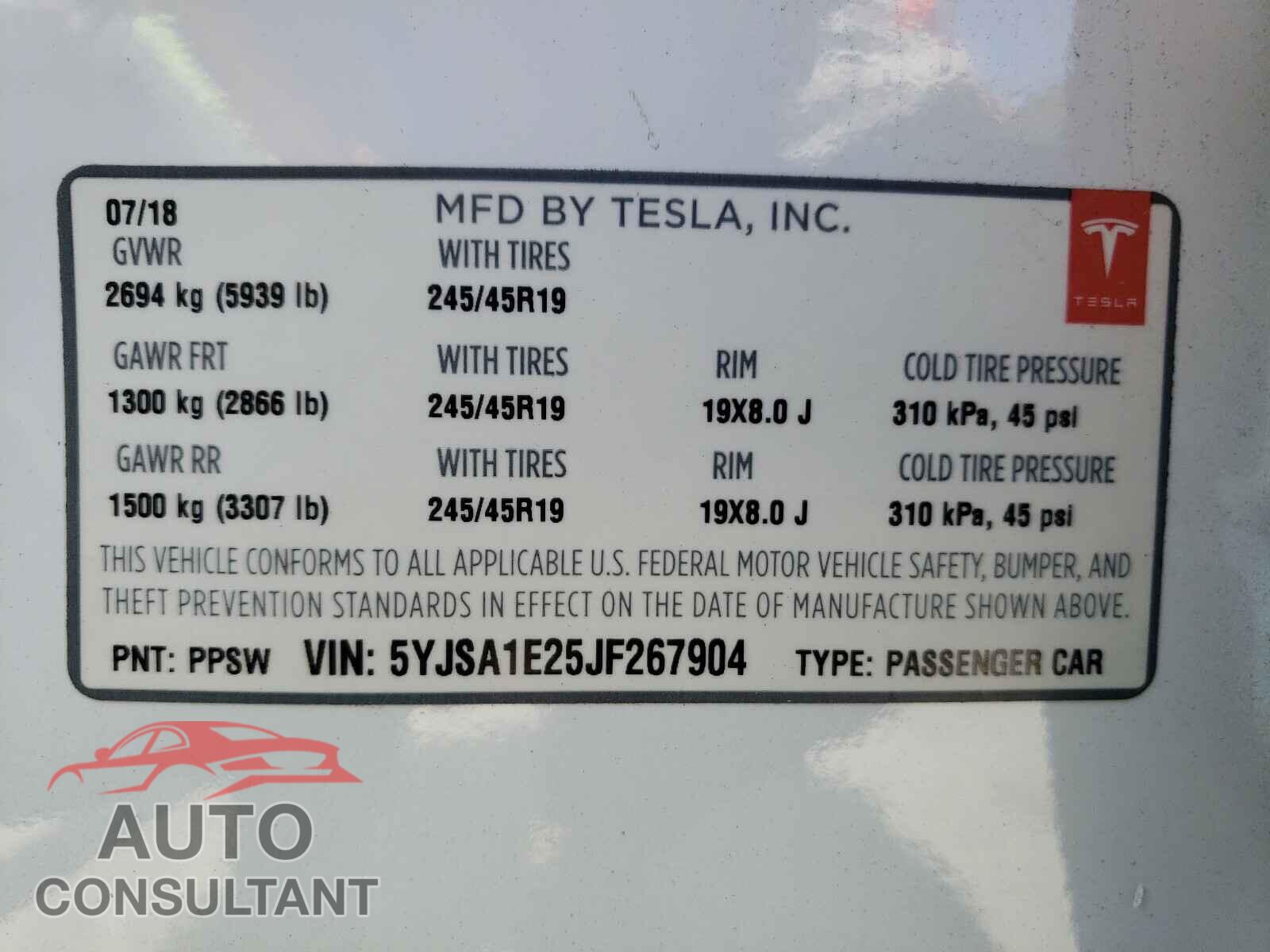 TESLA MODEL S 2018 - 5YJSA1E25JF267904