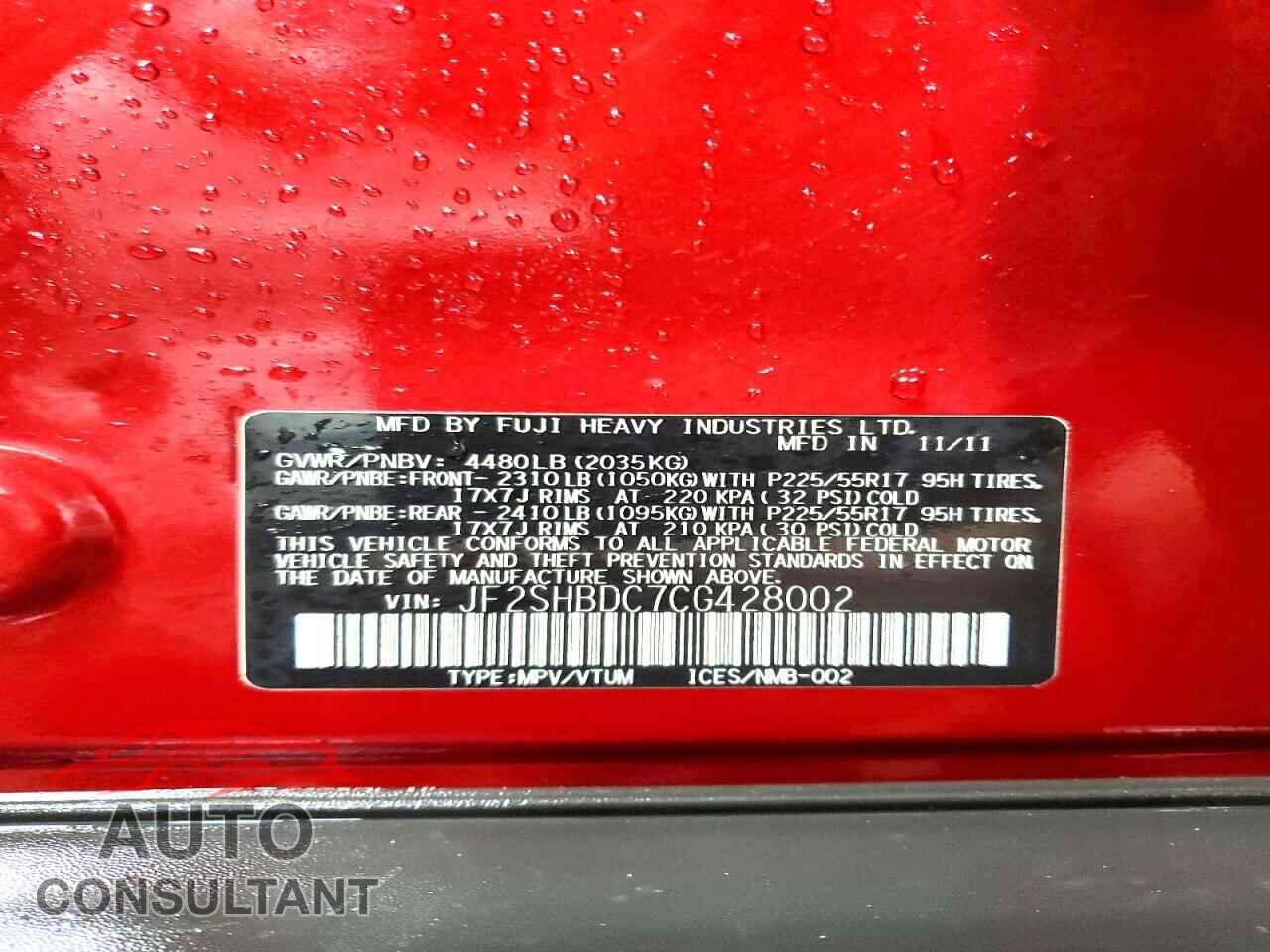 SUBARU FORESTER 2012 - JF2SHBDC7CG428002