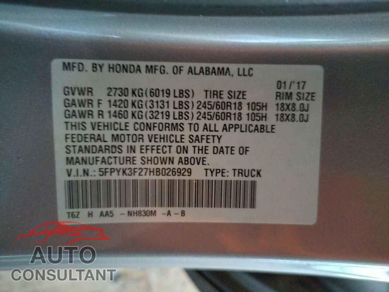 HONDA RIDGELINE 2017 - 5FPYK3F27HB026929