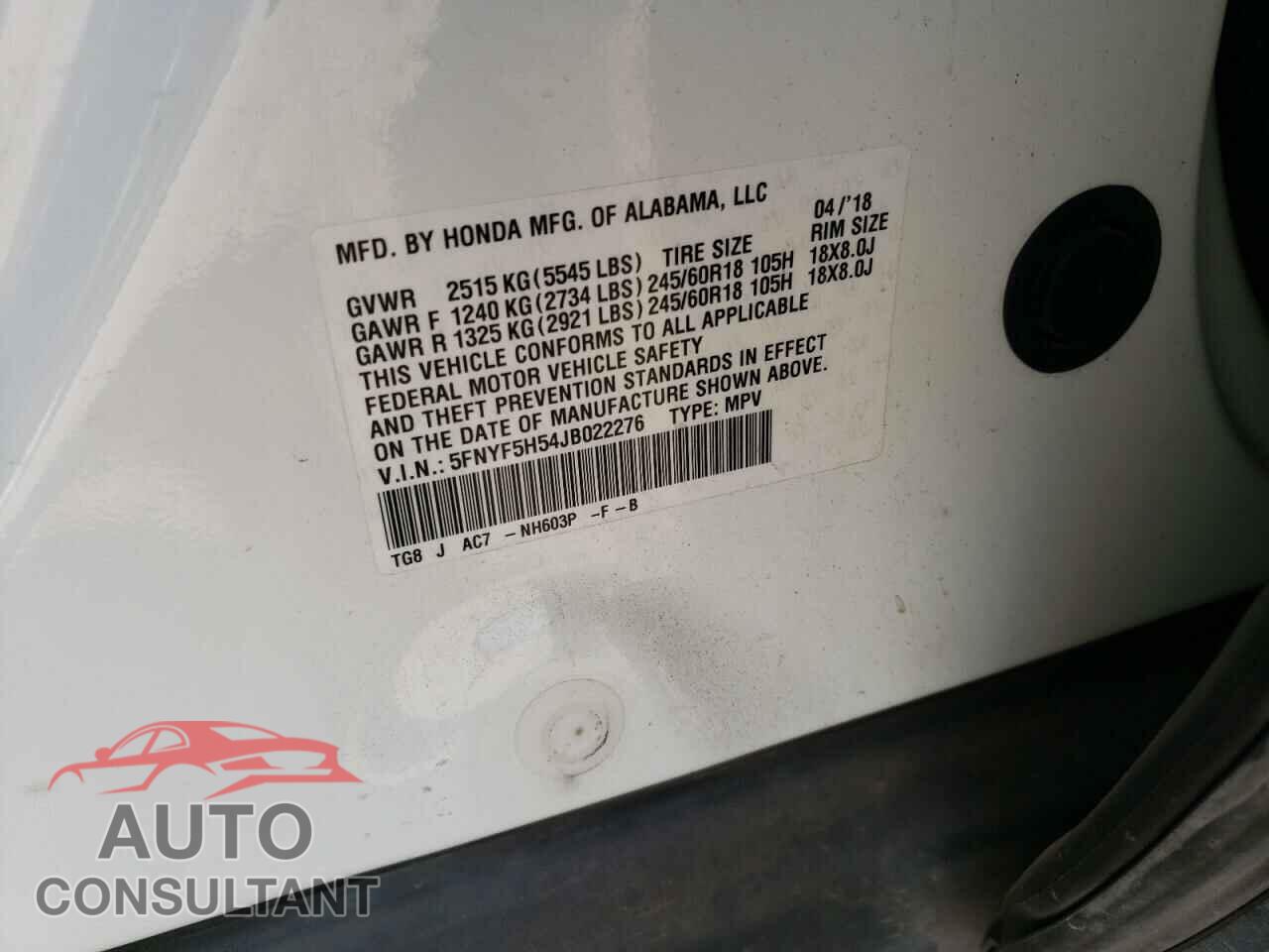 HONDA PILOT 2018 - 5FNYF5H54JB022276