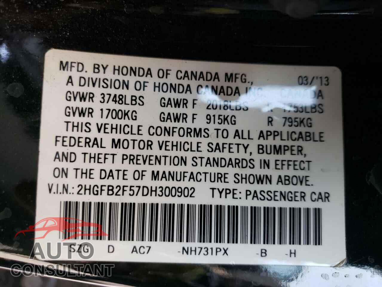 HONDA CIVIC 2013 - 2HGFB2F57DH300902