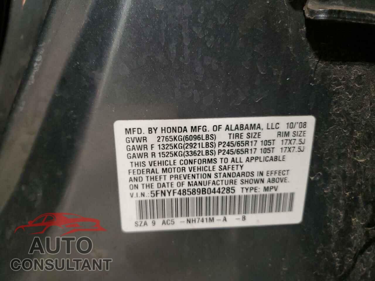 HONDA PILOT 2009 - 5FNYF48589B044285