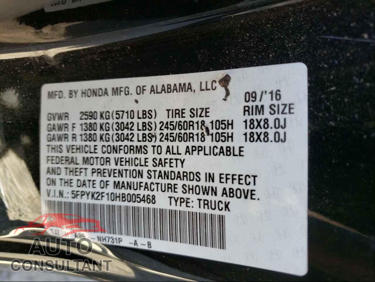 HONDA RIDGELINE 2017 - 5FPYK2F10HB005468
