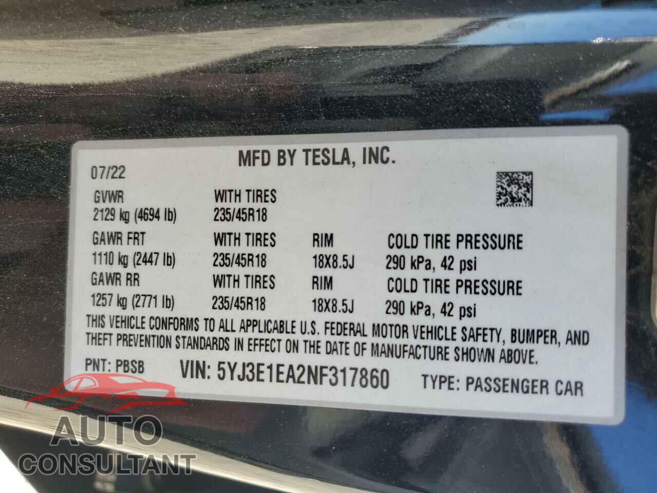 TESLA MODEL 3 2022 - 5YJ3E1EA2NF317860
