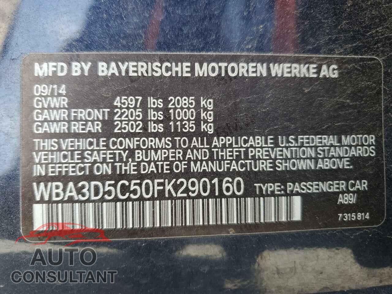 BMW 3 SERIES 2015 - WBA3D5C50FK290160