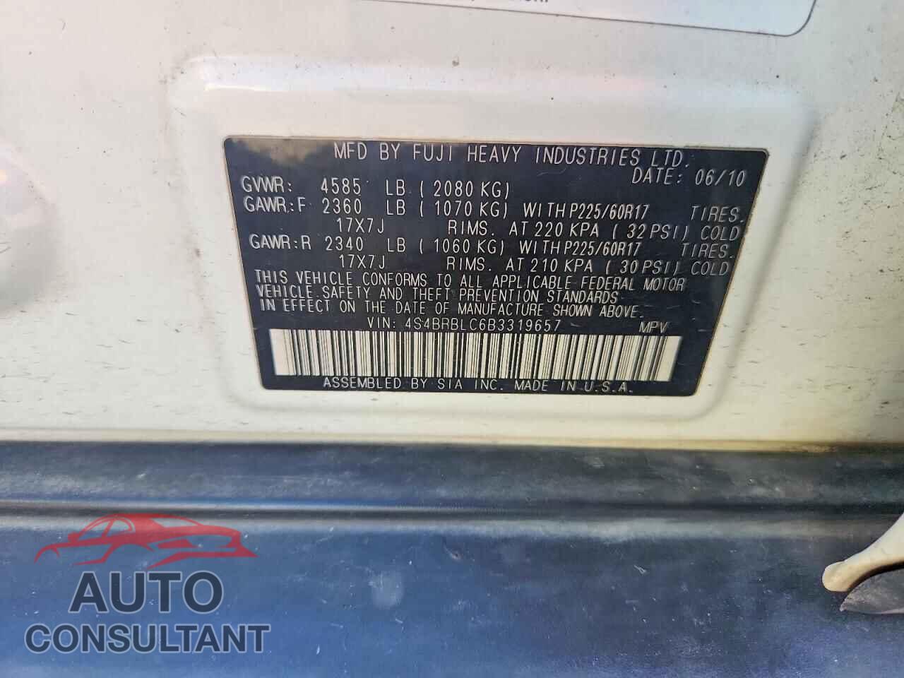 SUBARU OUTBACK 2011 - 4S4BRBLC6B3319657