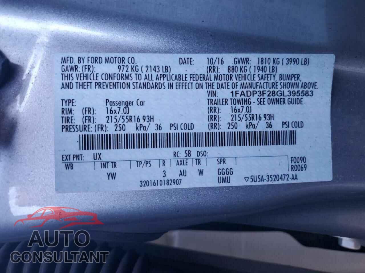 FORD FOCUS 2016 - 1FADP3F28GL395583