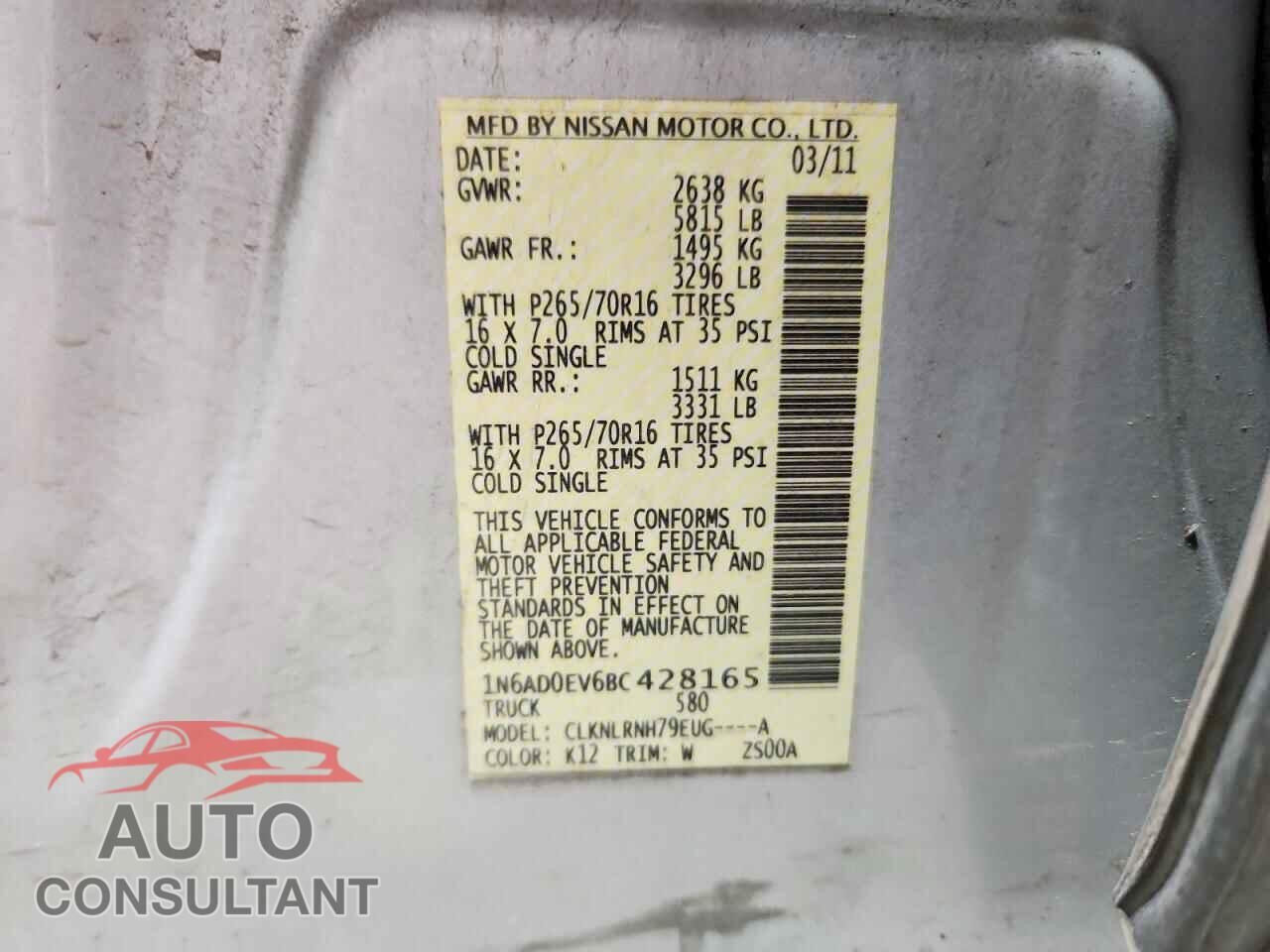 NISSAN FRONTIER 2011 - 1N6AD0EV6BC428165