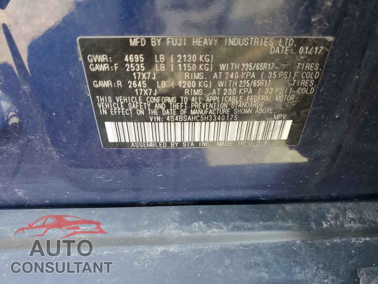 SUBARU OUTBACK 2017 - 4S4BSAHC5H3340175