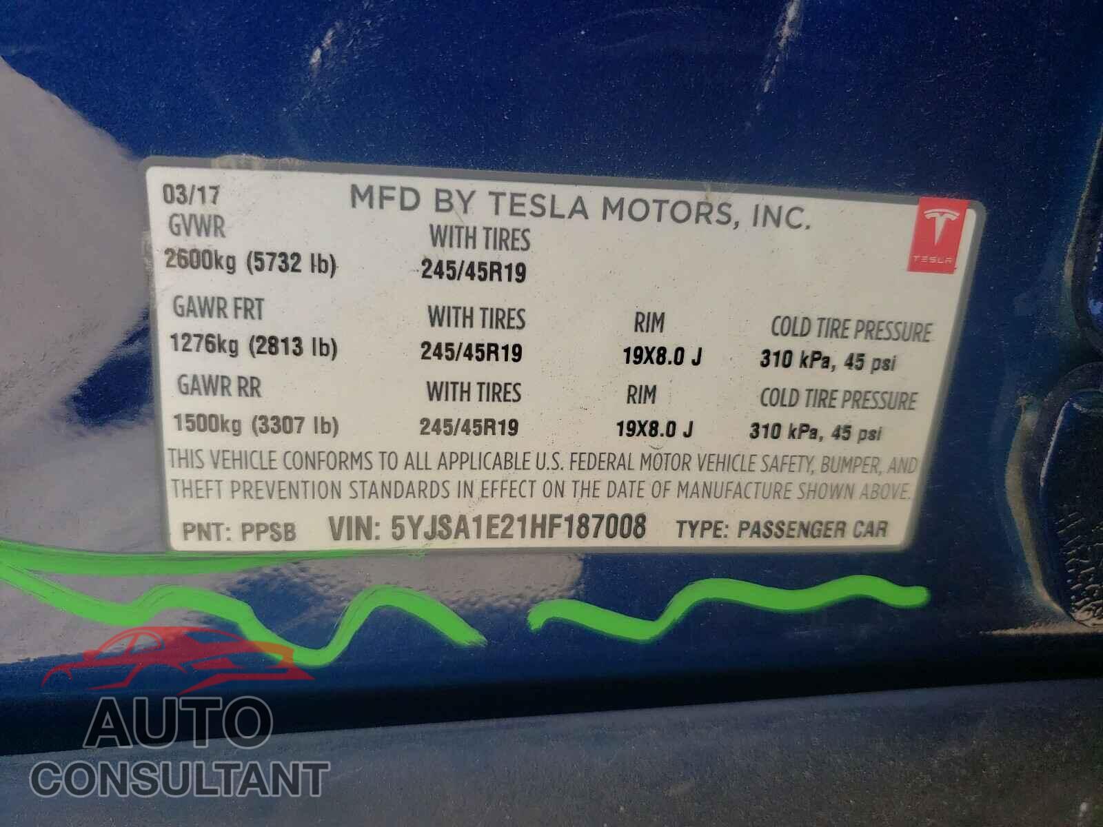 TESLA MODEL S 2017 - 5YJSA1E21HF187008