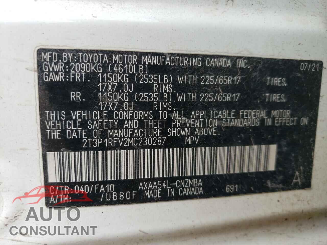 TOYOTA RAV4 2021 - 2T3P1RFV2MC230287
