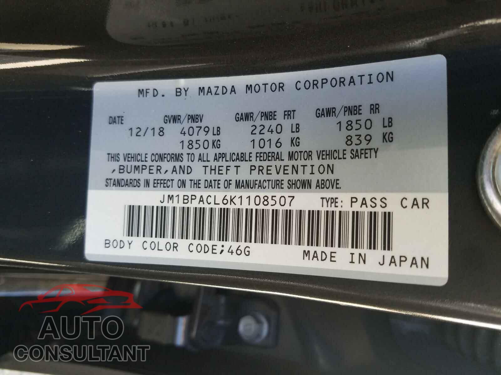 MAZDA 3 2019 - JM1BPACL6K1108507