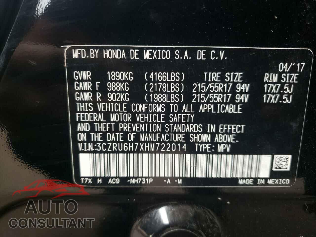 HONDA HR-V 2017 - 3CZRU6H7XHM722014