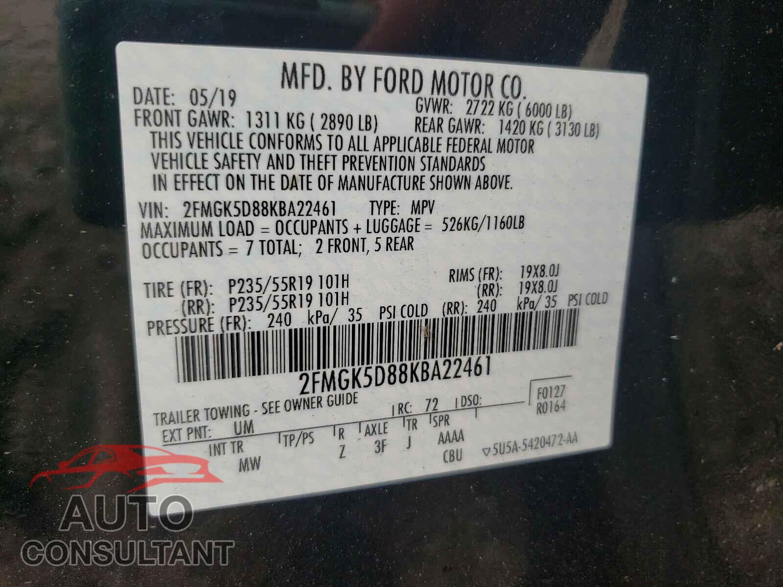 FORD FLEX 2019 - 2FMGK5D88KBA22461