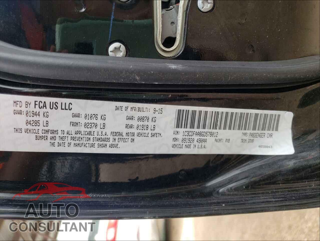 DODGE DART 2016 - 1C3CDFAA8GD578012