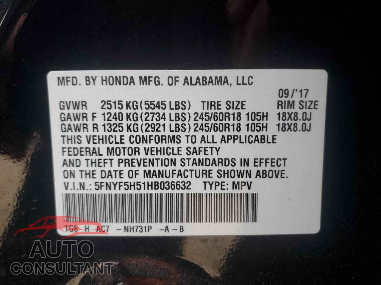 HONDA PILOT 2017 - 5FNYF5H51HB036632