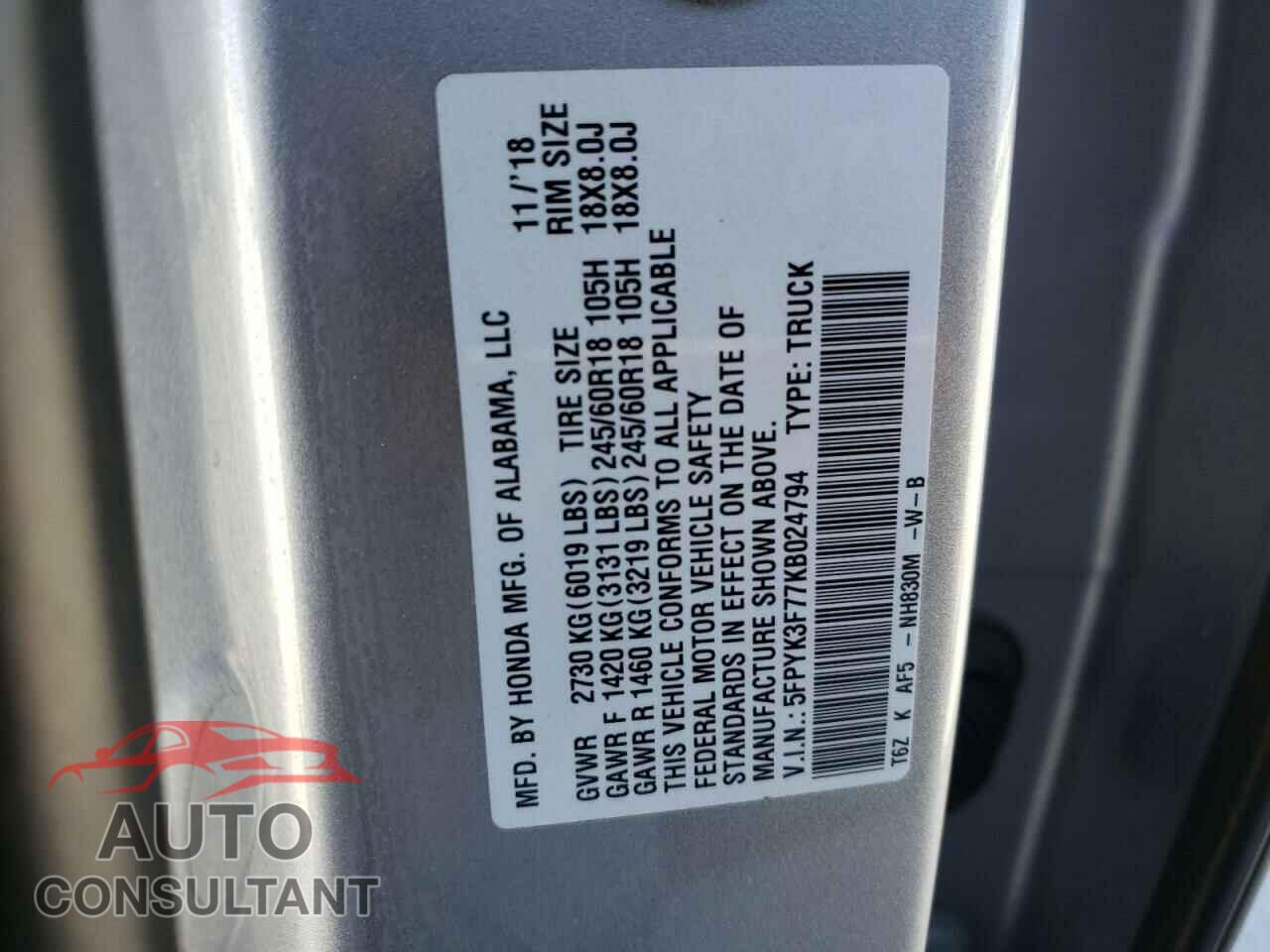 HONDA RIDGELINE 2019 - 5FPYK3F77KB024794