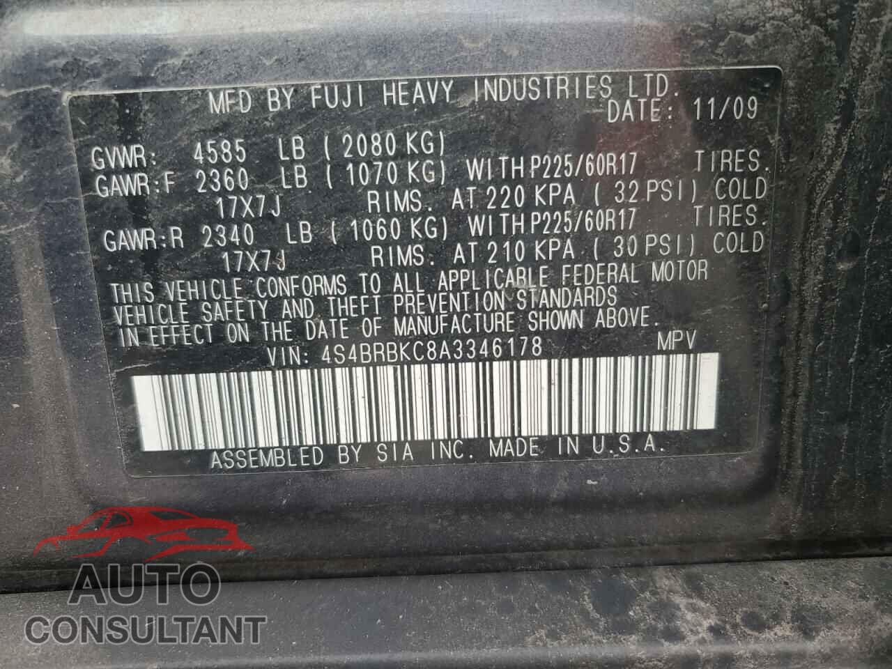 SUBARU OUTBACK 2010 - 4S4BRBKC8A3346178