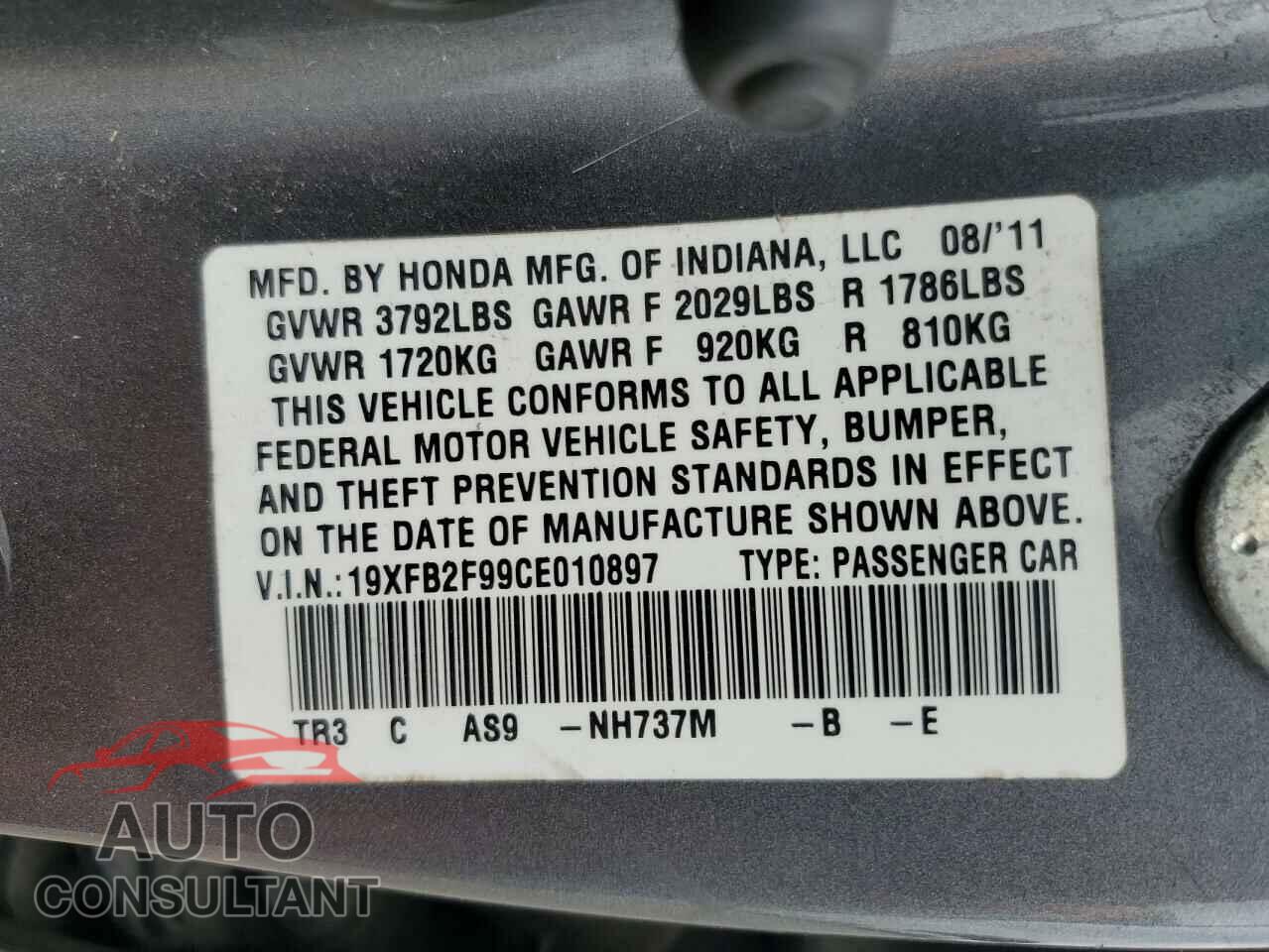 HONDA CIVIC 2012 - 19XFB2F99CE010897