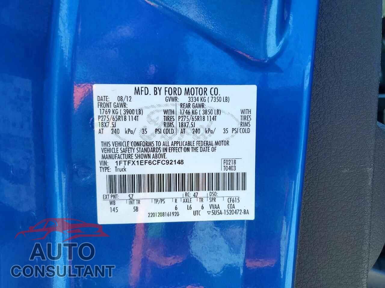 FORD F150 2012 - 1FTFX1EF6CFC92148
