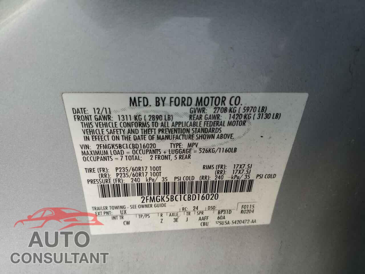 FORD FLEX 2012 - 2FMGK5BC1CBD16020