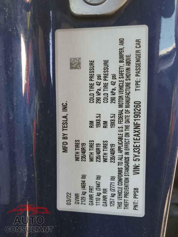 TESLA MODEL 3 2022 - 5YJ3E1EAXNF190260