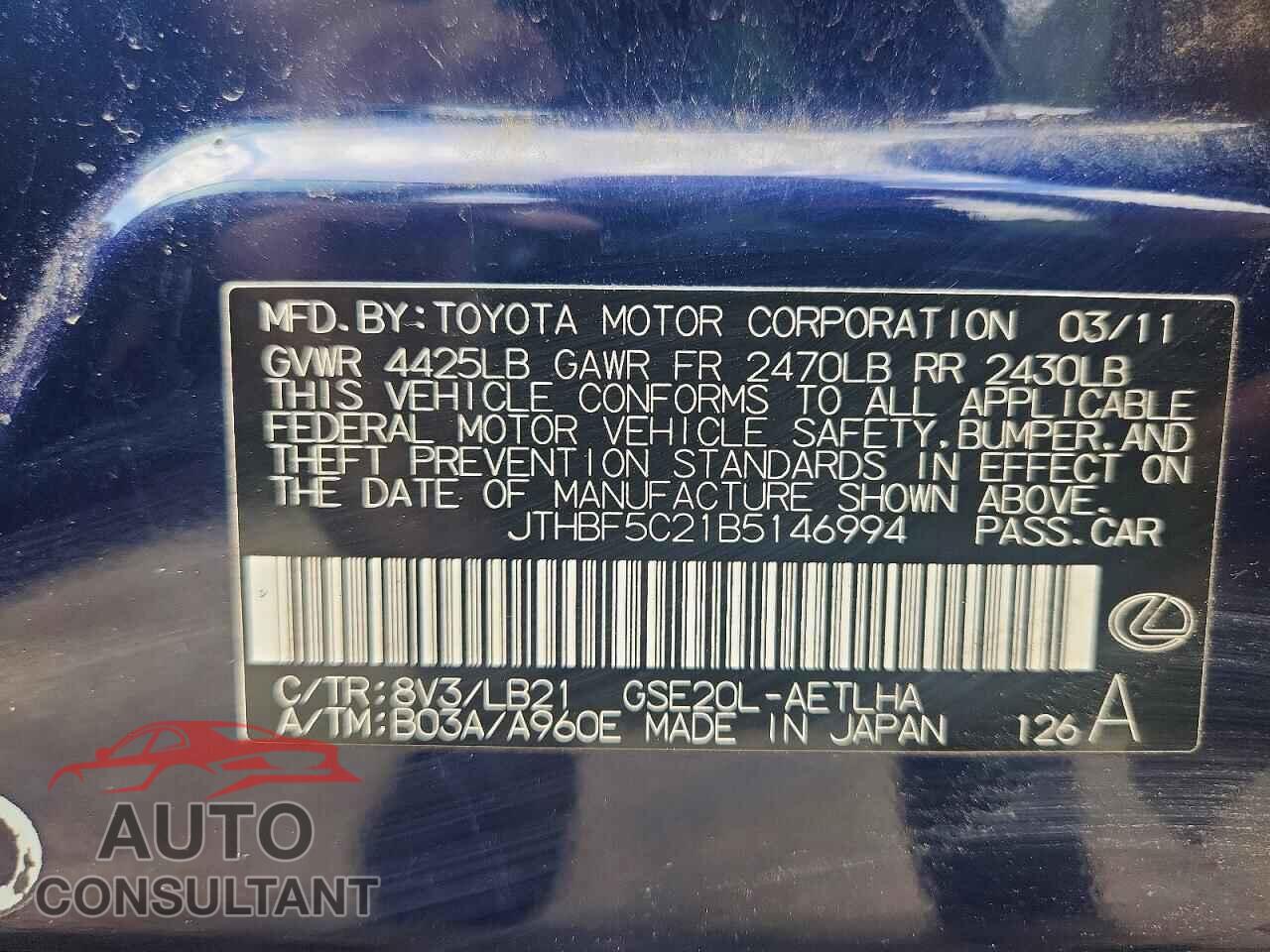 LEXUS IS 2011 - JTHBF5C21B5146994