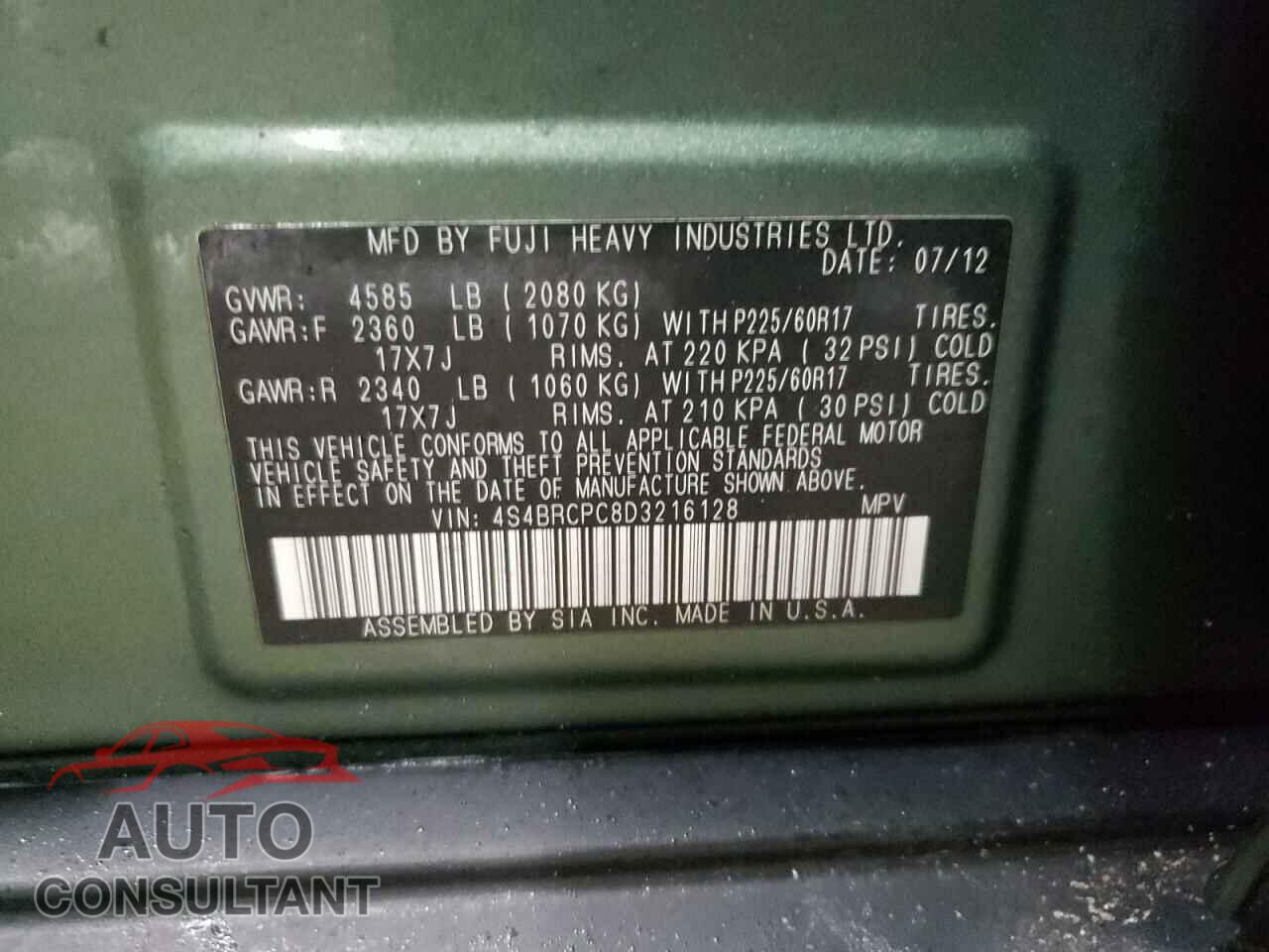 SUBARU OUTBACK 2013 - 4S4BRCPC8D3216128