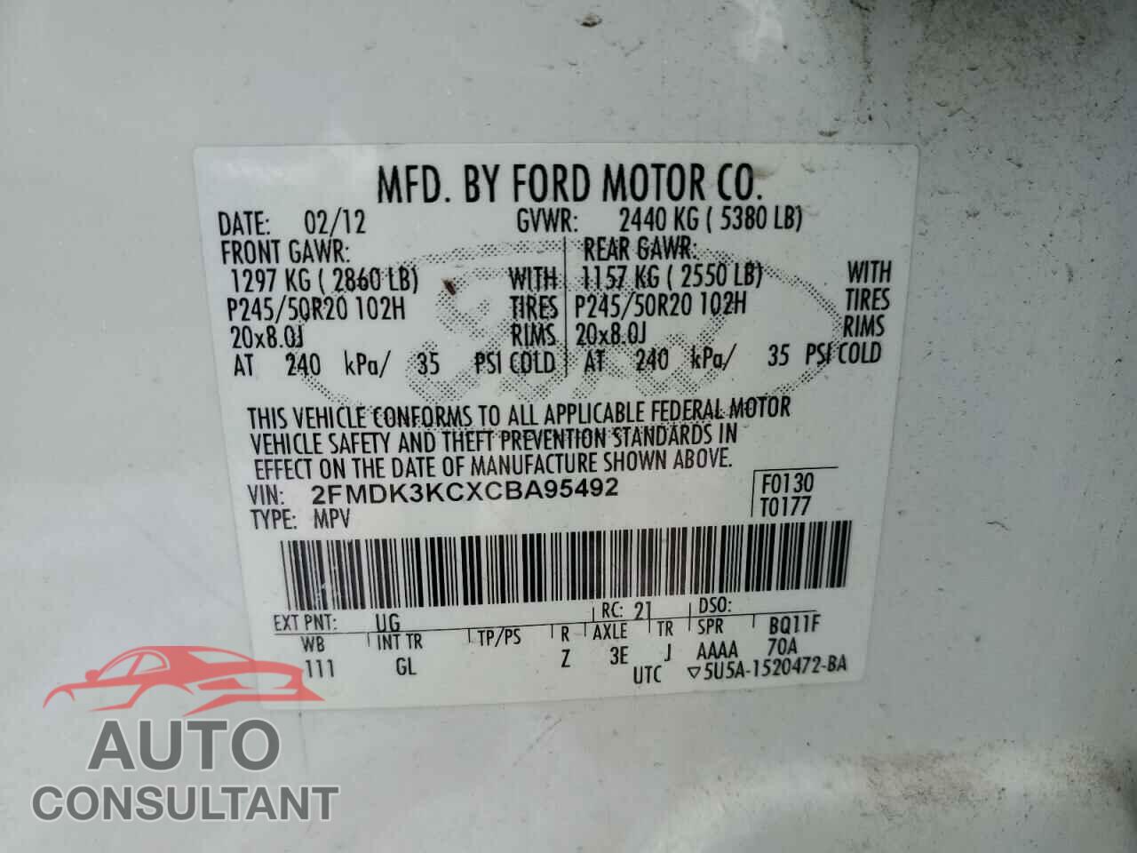 FORD EDGE 2012 - 2FMDK3KCXCBA95492