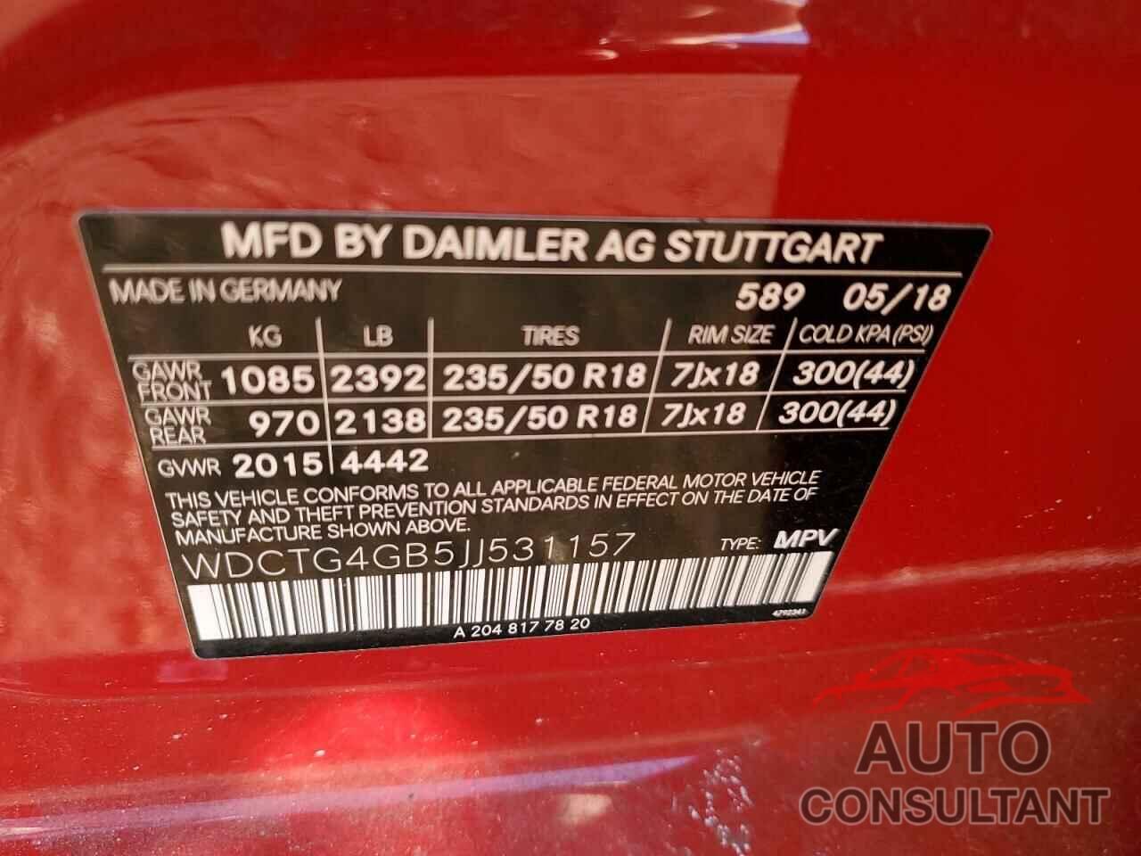 MERCEDES-BENZ GLA-CLASS 2018 - WDCTG4GB5JJ531157