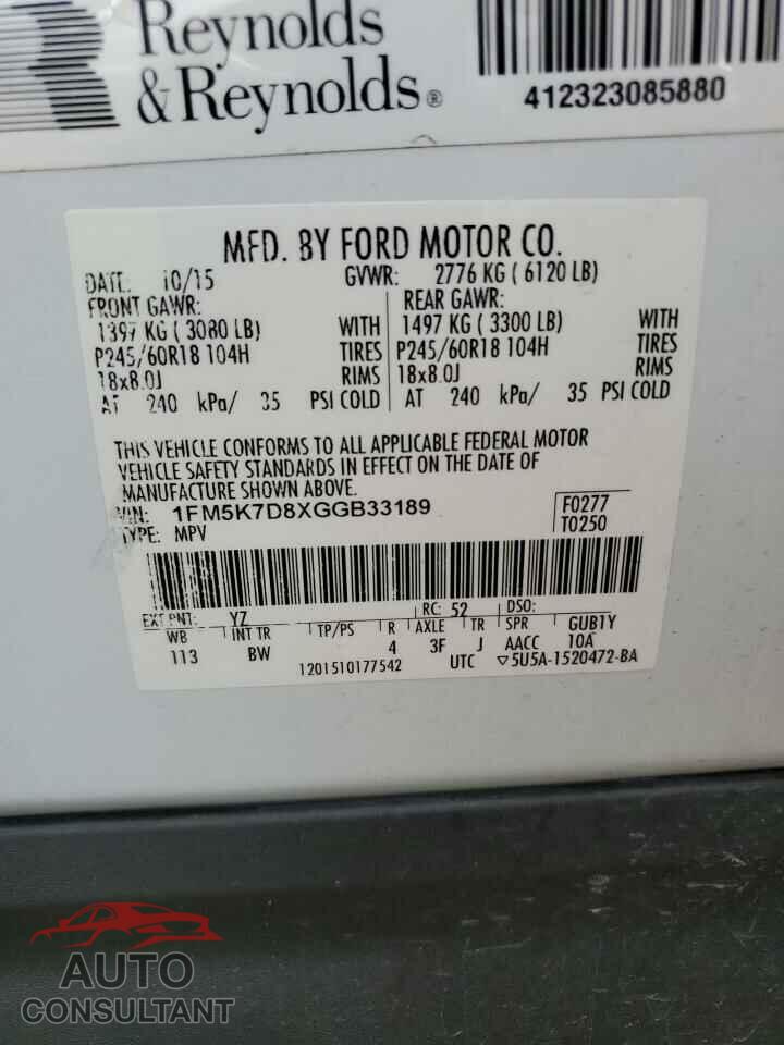 FORD EXPLORER 2016 - 1FM5K7D8XGGB33189