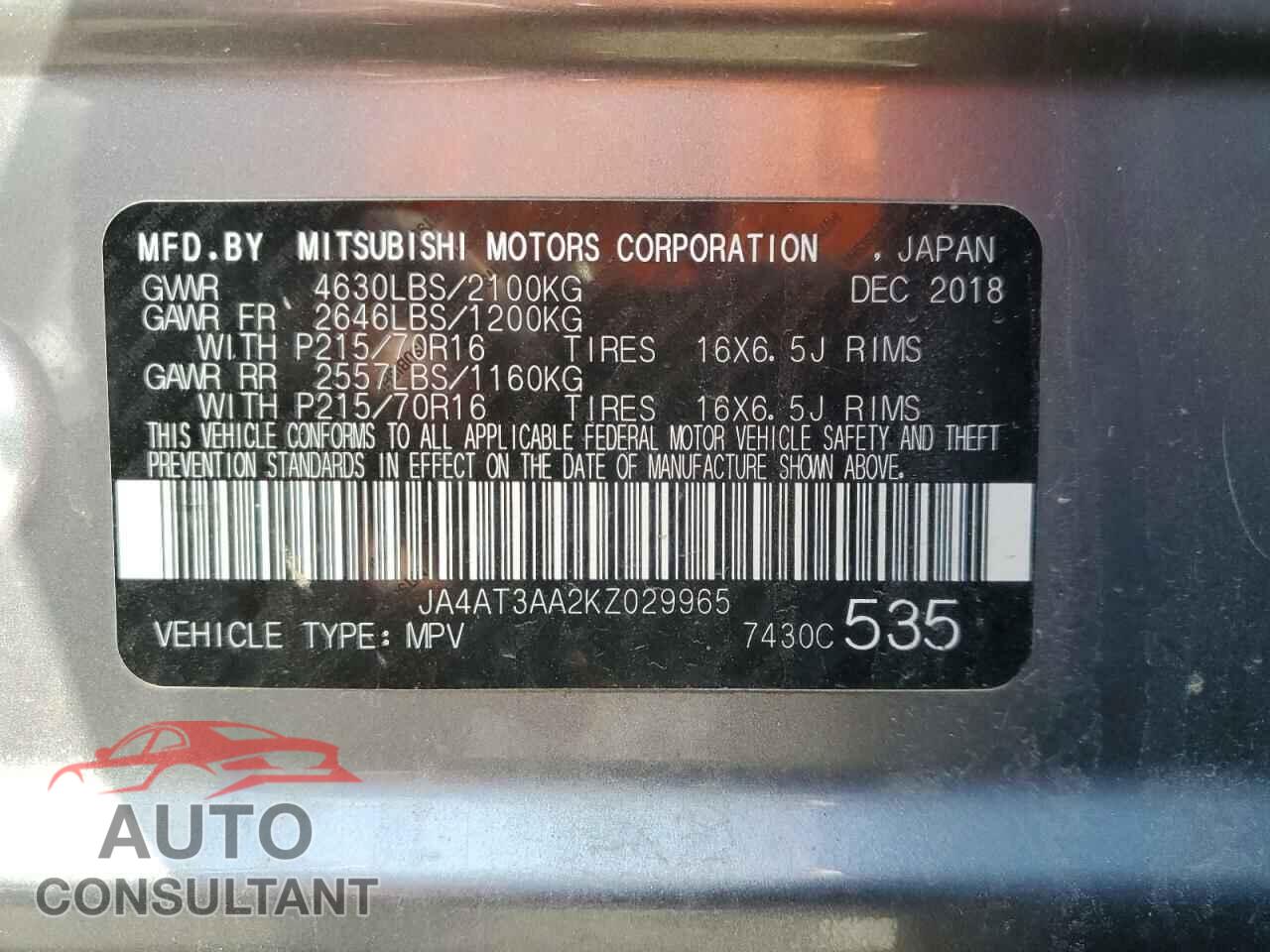 MITSUBISHI ECLIPSE 2019 - JA4AT3AA2KZ029965