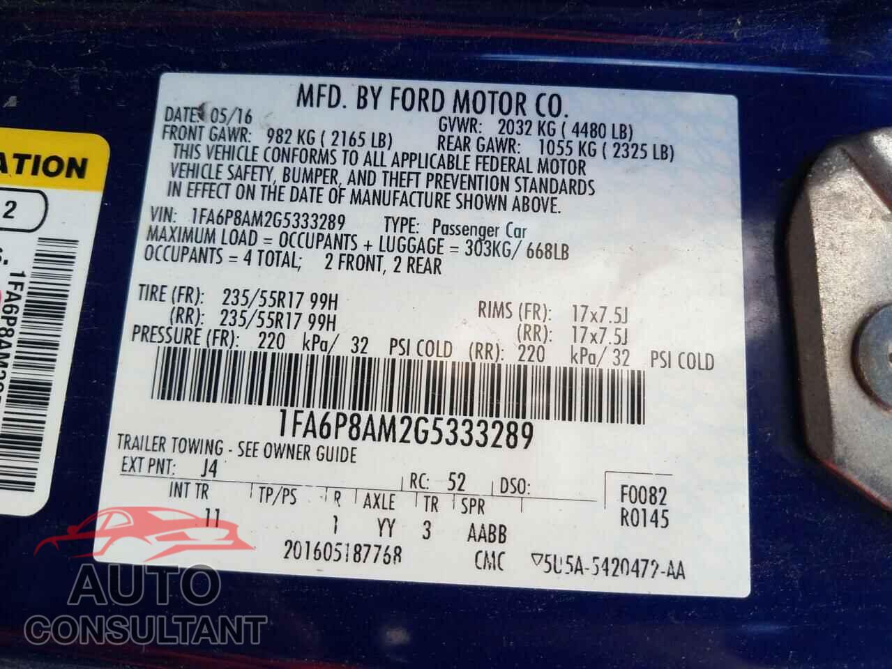 FORD MUSTANG 2016 - 1FA6P8AM2G5333289
