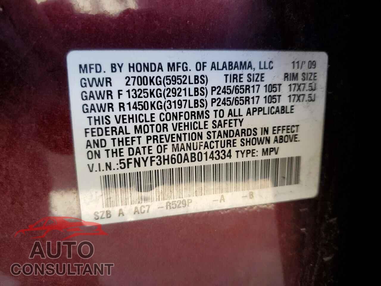 HONDA PILOT 2010 - 5FNYF3H60AB014334