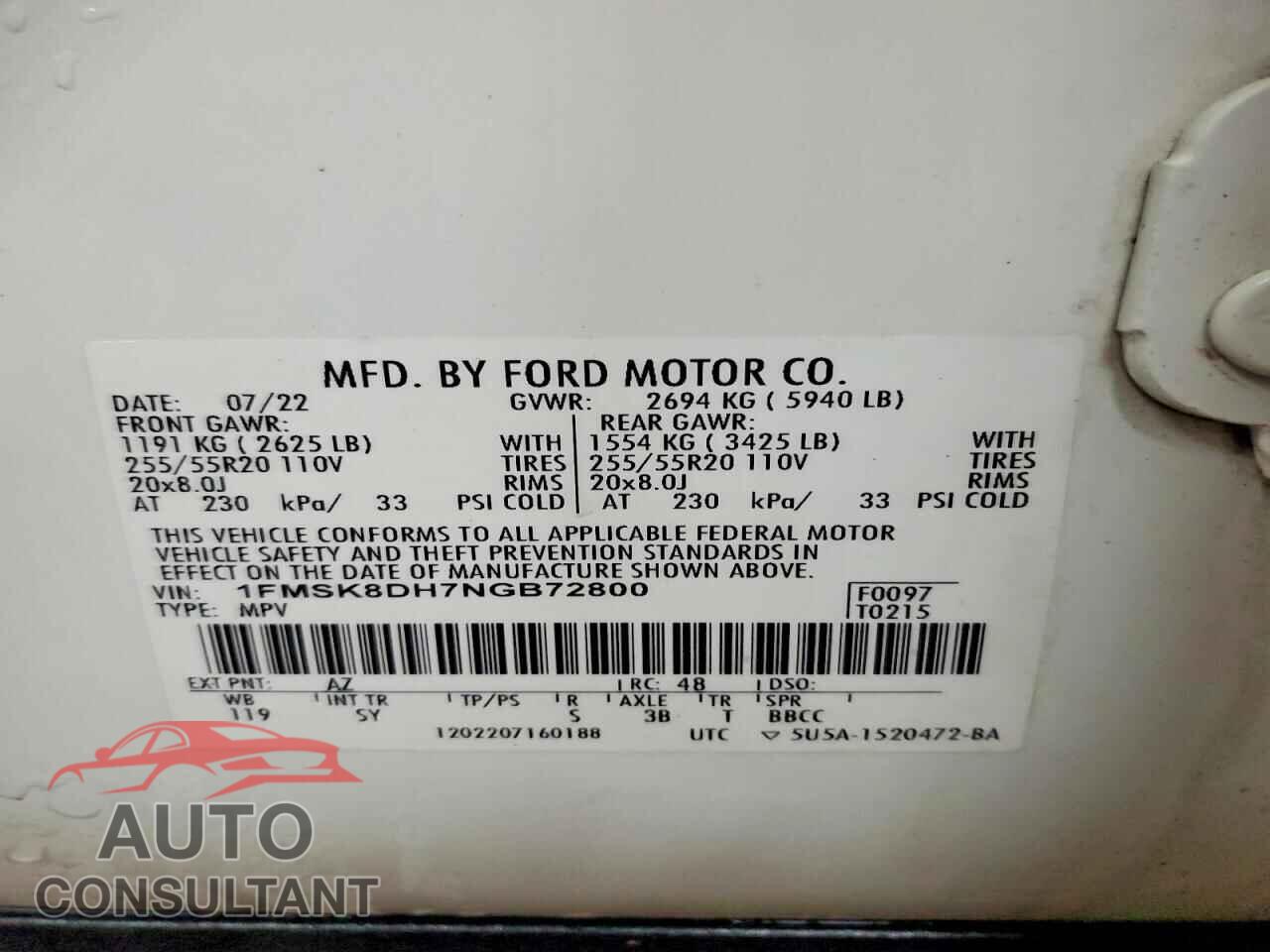 FORD EXPLORER 2022 - 1FMSK8DH7NGB72800