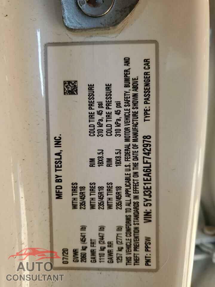 TESLA MODEL 3 2020 - 5YJ3E1EA6LF742978