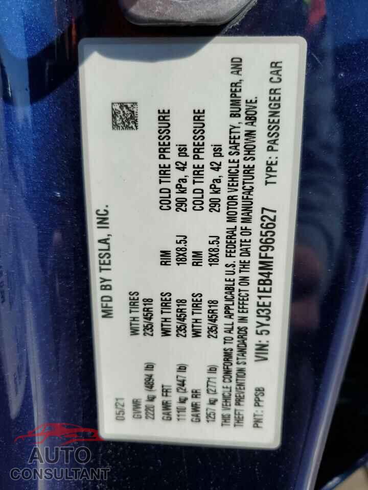 TESLA MODEL 3 2021 - 5YJ3E1EB4MF965627