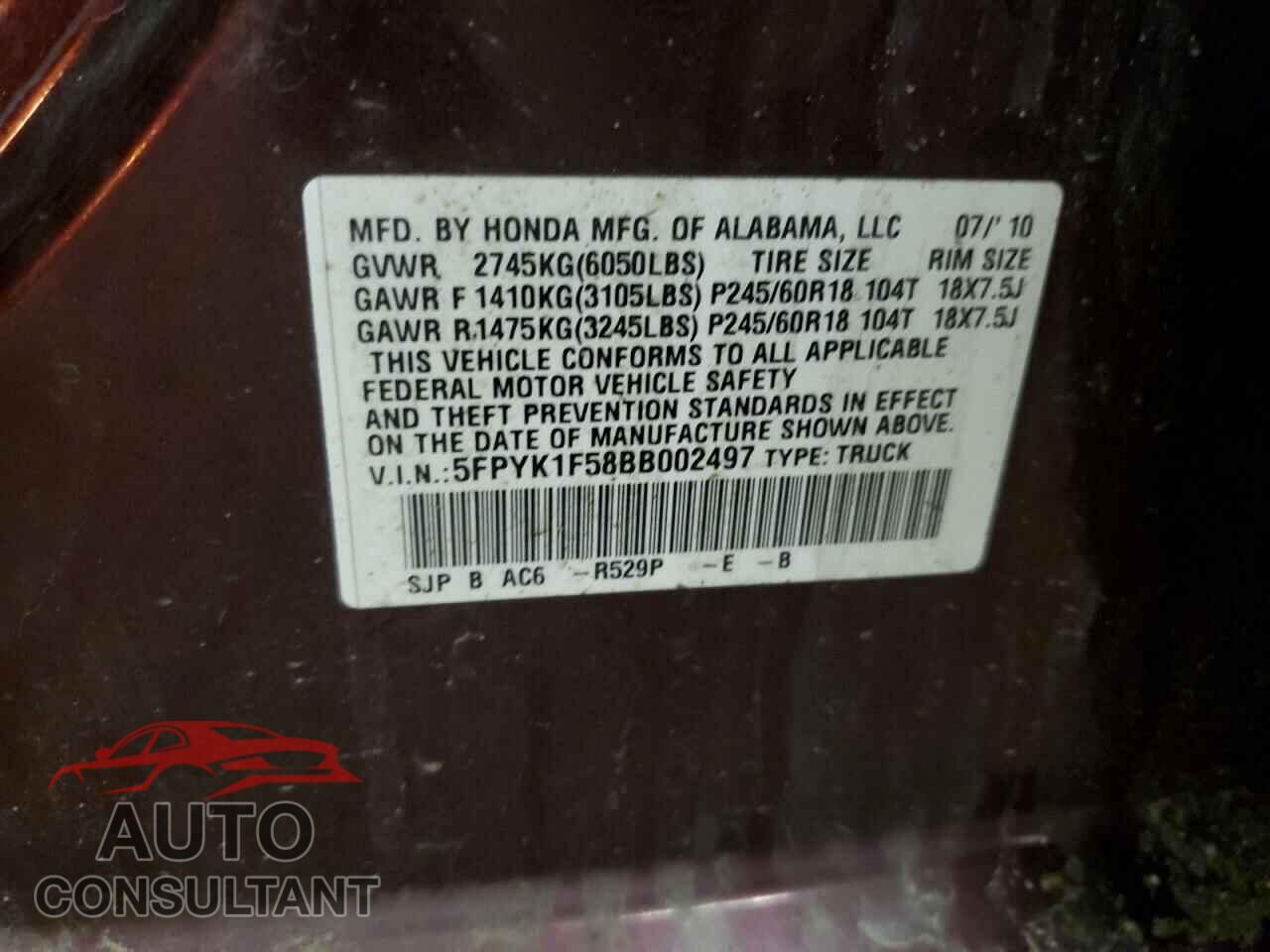 HONDA RIDGELINE 2011 - 5FPYK1F58BB002497