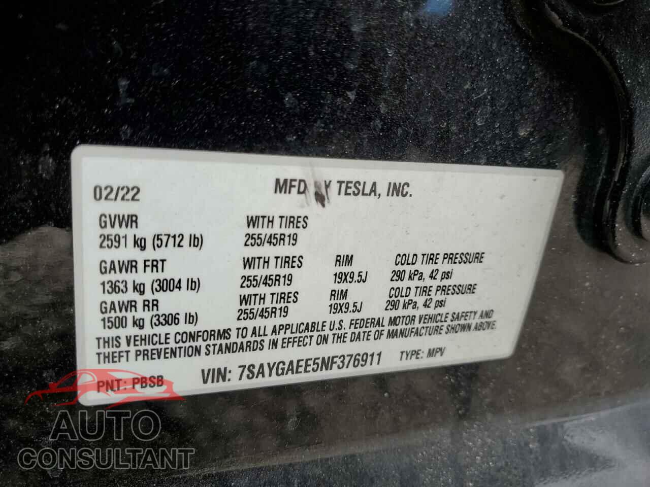 TESLA MODEL Y 2022 - 7SAYGAEE5NF376911
