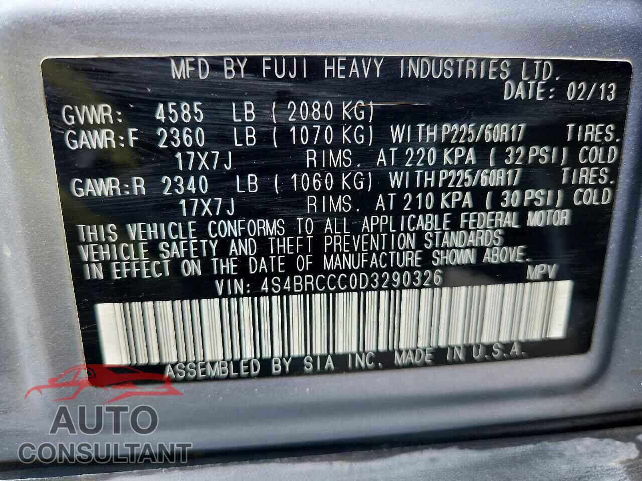 SUBARU OUTBACK 2013 - 4S4BRCCC0D3290326