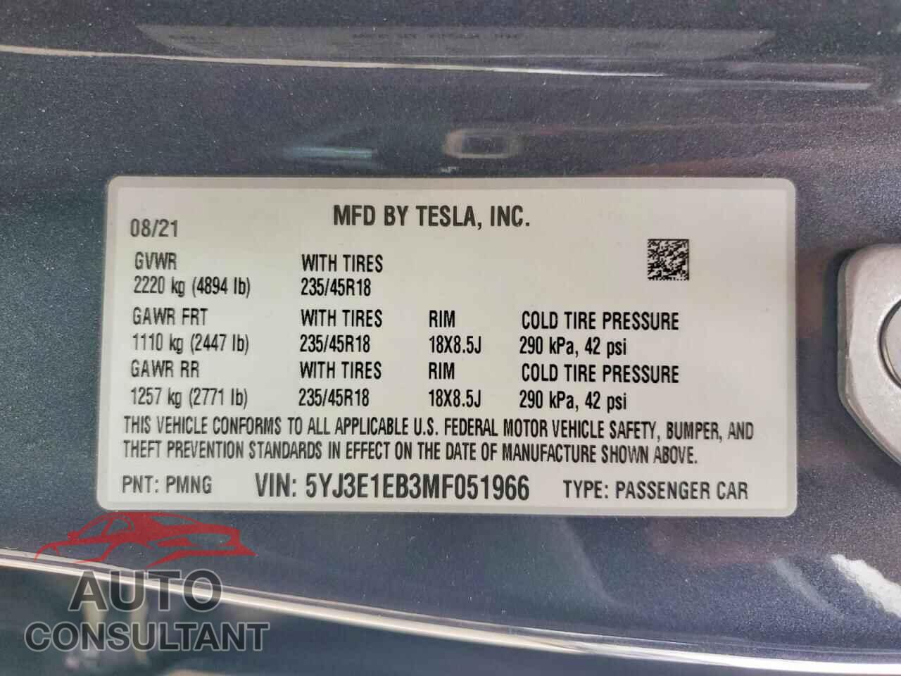 TESLA MODEL 3 2021 - 5YJ3E1EB3MF051966
