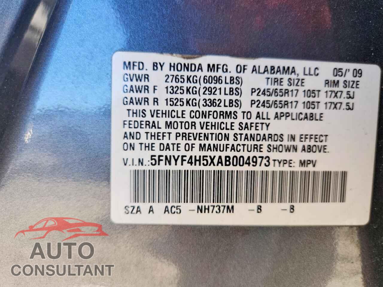 HONDA PILOT 2010 - 5FNYF4H5XAB004973