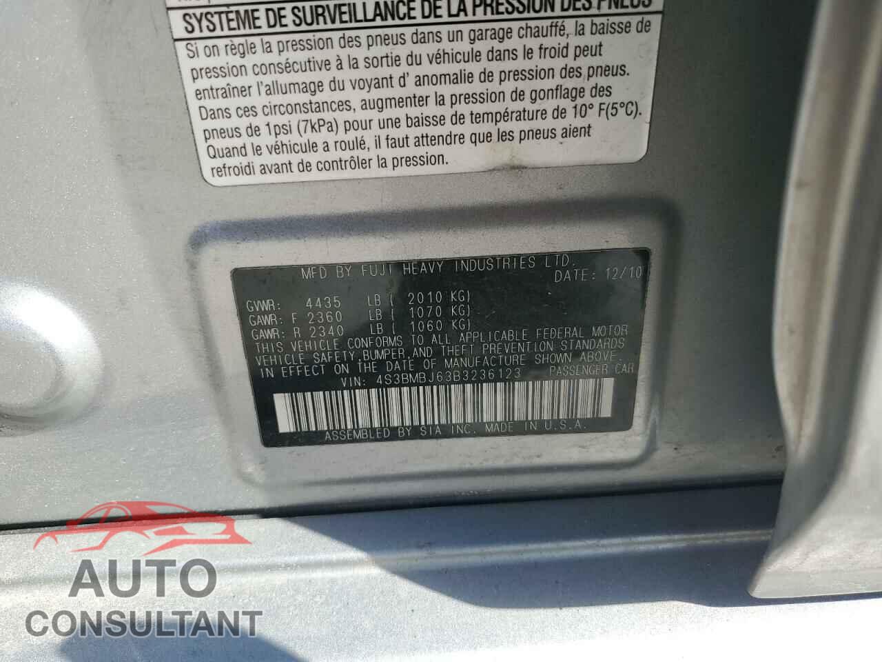SUBARU LEGACY 2011 - 4S3BMBJ63B3236123