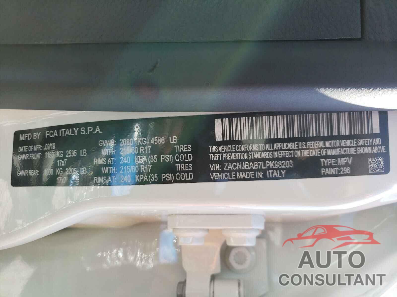 JEEP RENEGADE 2020 - ZACNJBAB7LPK98203