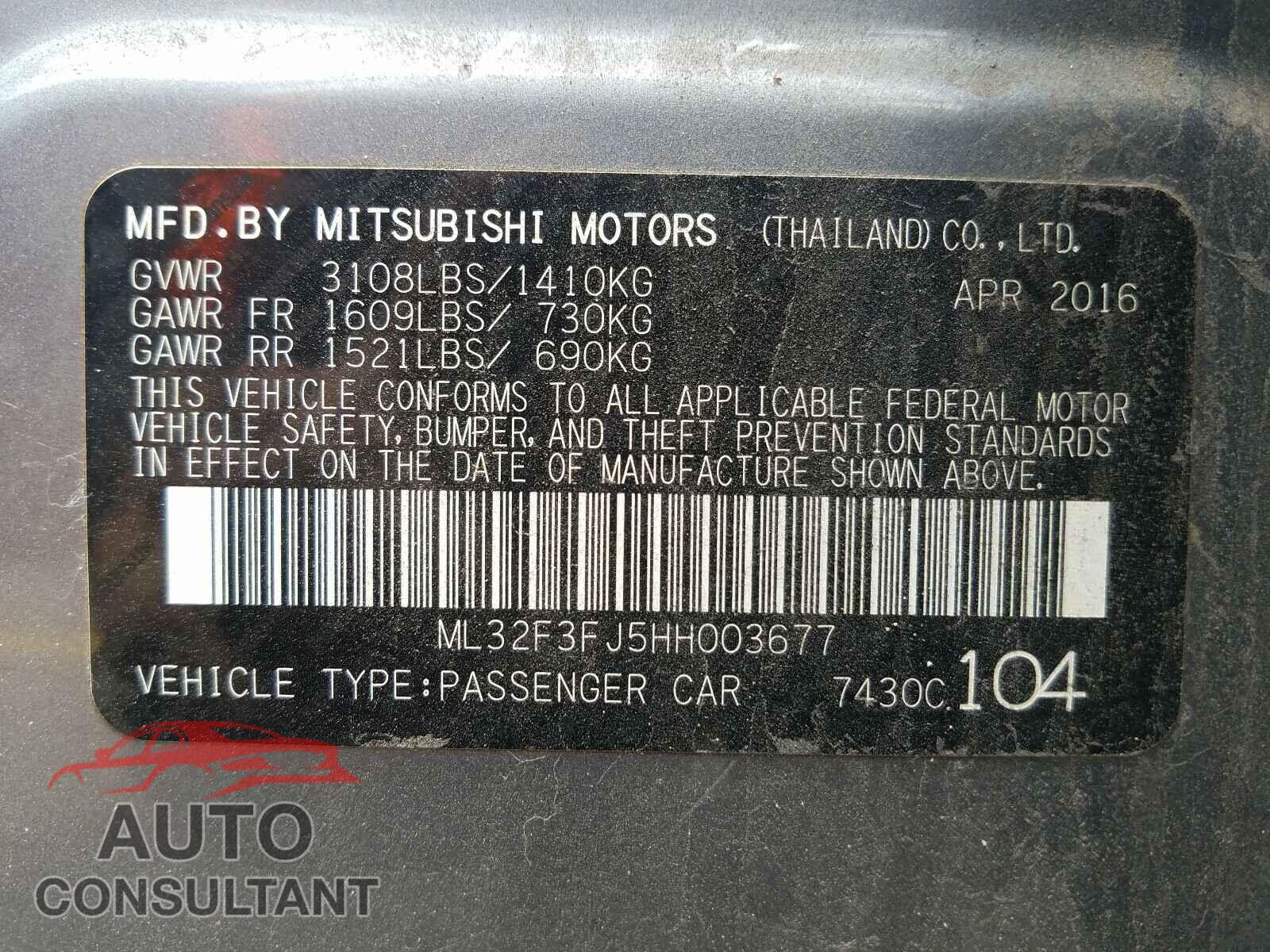 MITSUBISHI MIRAGE 2017 - ML32F3FJ5HH003677