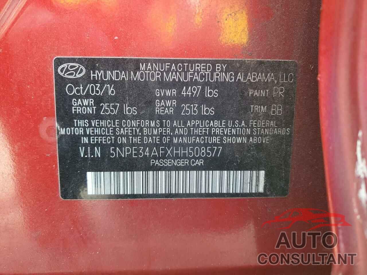 HYUNDAI SONATA 2017 - 5NPE34AFXHH508577