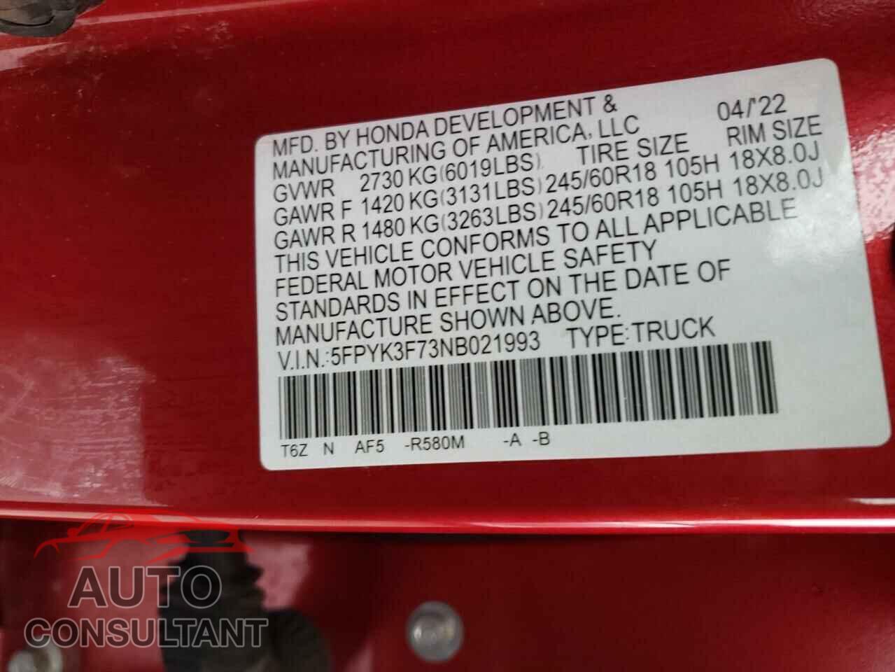 HONDA RIDGELINE 2022 - 5FPYK3F73NB021993