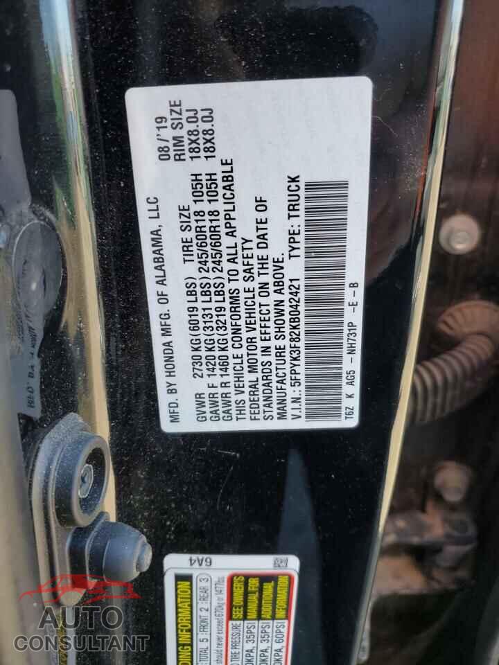HONDA RIDGELINE 2019 - 5FPYK3F82KB042421